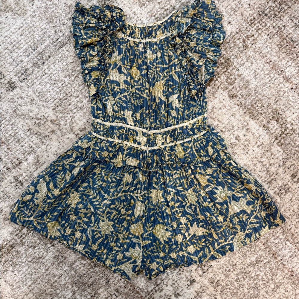 Ulla Johnson Blue and Yellow Floral Romper with Ruffled Sleeves